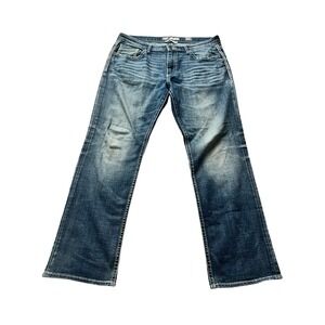 BKE Tyler Straight Leg Jeans‎ Mens 36R Distressed Contrast Stitch Blue